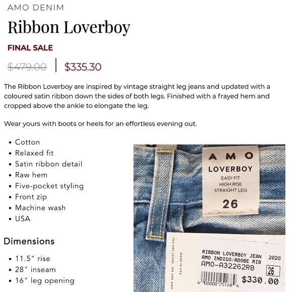 NWT AMO Denim Ribbon Loverboy Jeans 26 Cropped - Picture 8 of 12